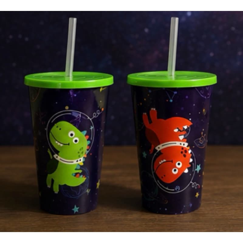 Copo Dinossauro 550ml com Tampa e Canudo Infantil