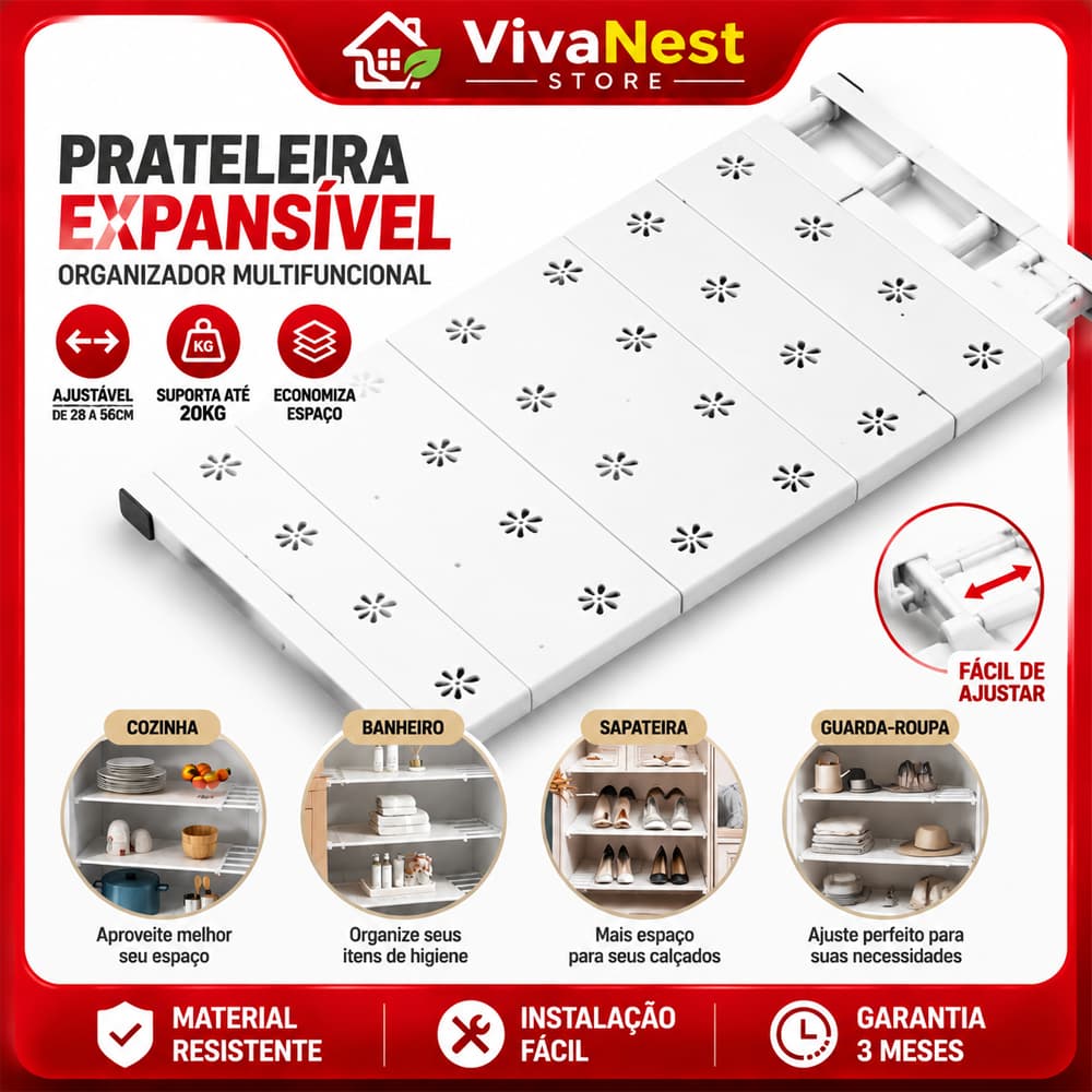 Prateleira Organizadora Extensível 56 a 100 cm, Prateleira Ajustável e Retrátil, Suporte para Armazenamento