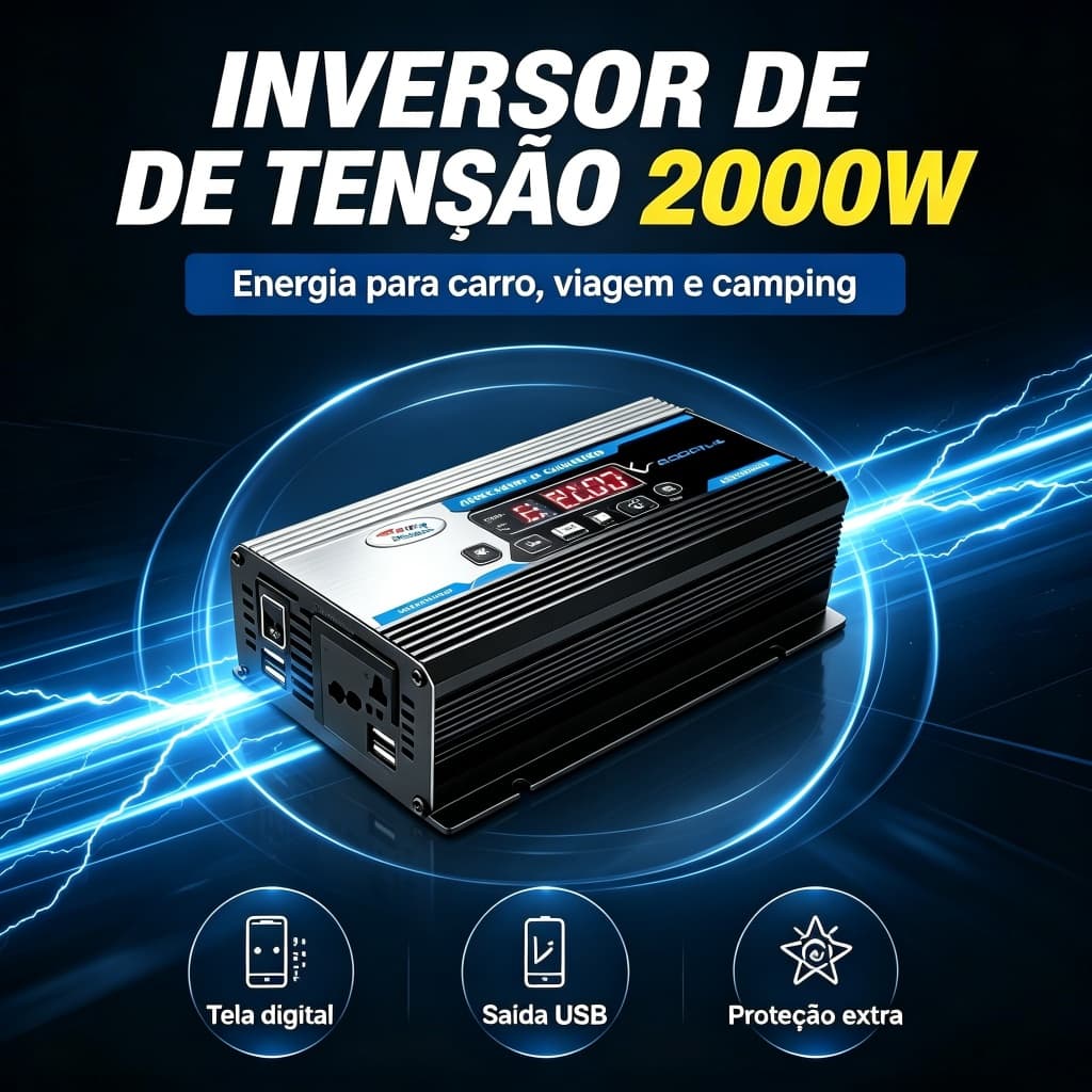 Inversor de Tensão 2000W Conversor DC para AC Energia para Carro, Viagem e Camping Emergência