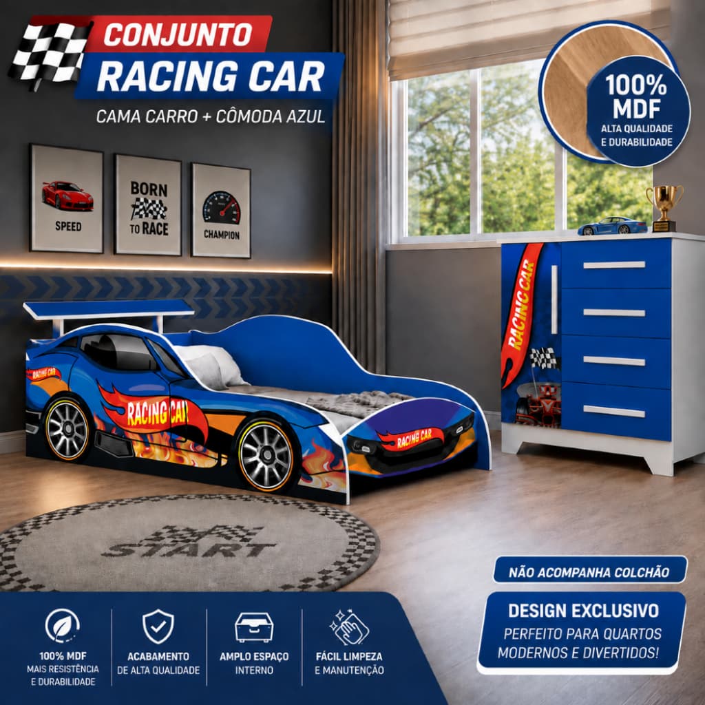 Conjunto Racing Car em MDF Cama Carro Infantil com Grade e Cômoda Azul