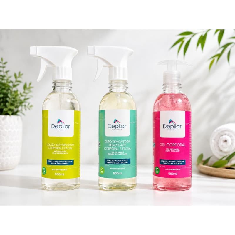 Kit Pré e Pos Depilação Depilar – Adstringente, Óleo Removedor e Gel Calmante 500ml cada