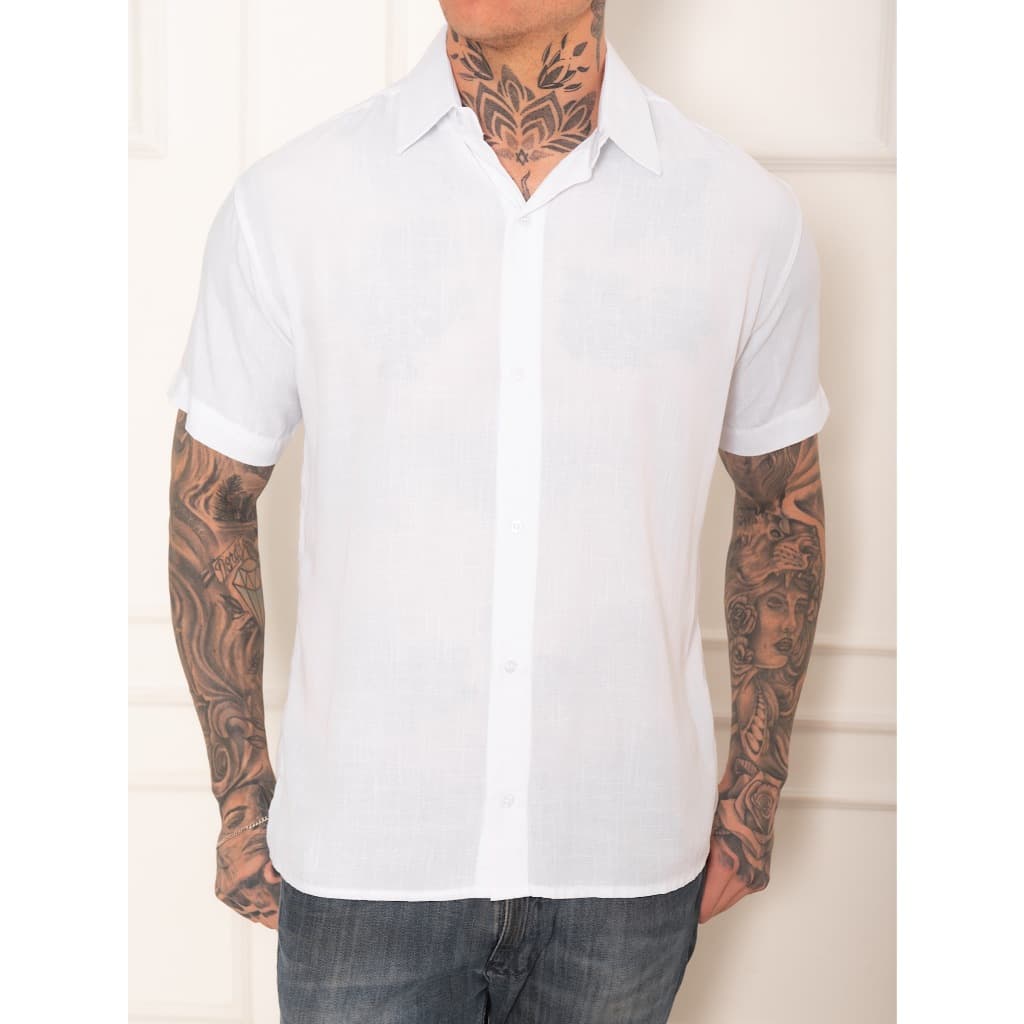 Camisa Social Masculina Lisa Slim Fit Manga Curta Caimento Simples Sem Bolsos