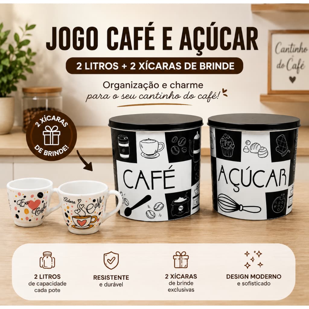 Jogo Café e Açúcar com Potes 2L e 2 Xícaras Porta Mantimentos Decorativo