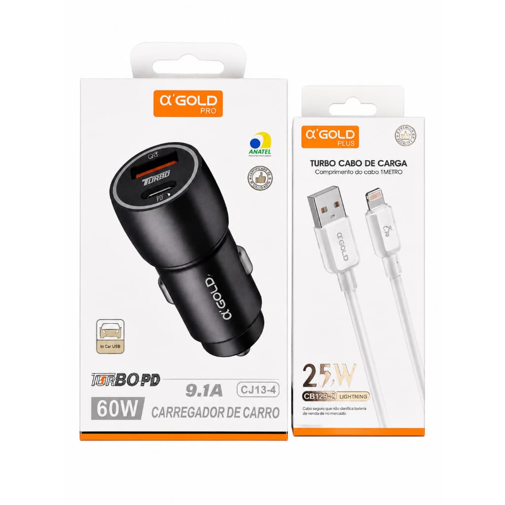Carregador Veicular Turbo 60W USB + Cabo Lightning Ou Tipo C Para Android e IOS Carregamento Rápido A’GOLD