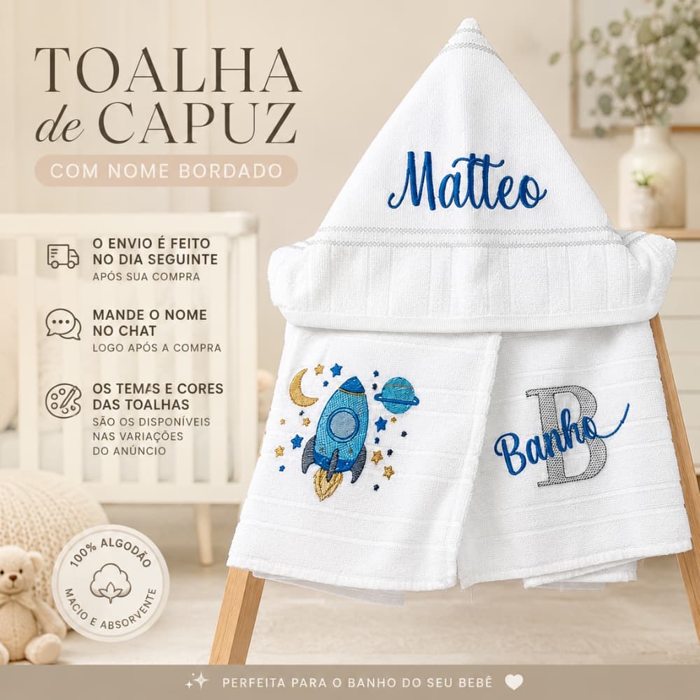 Toalha de Banho com Capuz Infantil Dohler Personalizada Bordado + Nome