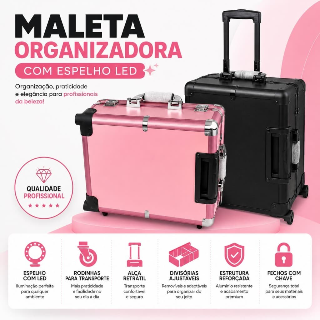 Maleta Organizadora Profissional Com Espelho LED Rodinhas Divisórias Ajustáveis Maquiagem Manicure