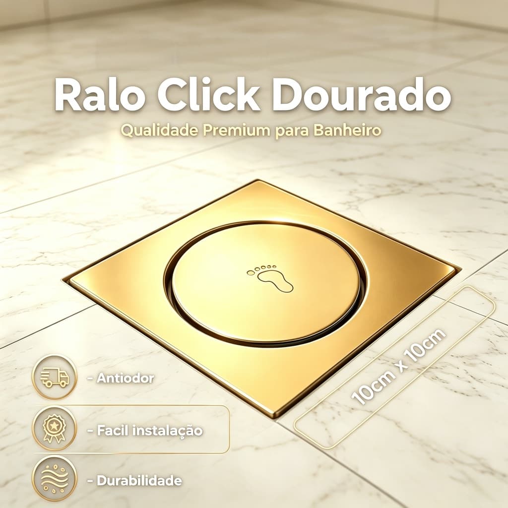 Ralo Click Dourado Quadrado 10x10cm Antiodor Banheiro Inox Instalação Fácil Ralo de Piso Chuveiro