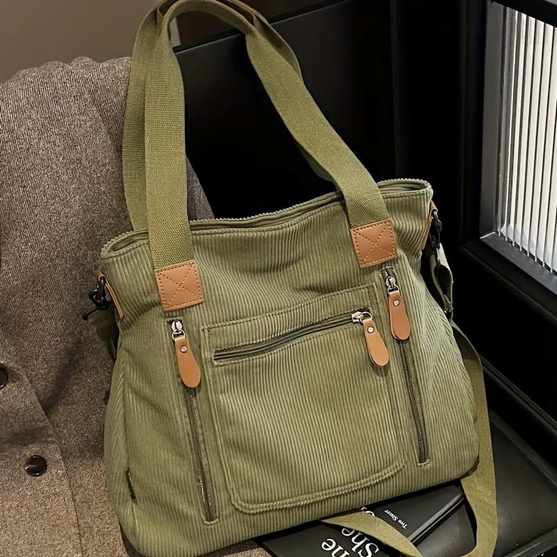 Bolsa Feminina de Lona Grande Capacidade Tote Bag com Bolsos Ombro Transversal Casual para Faculdade e Trabalho