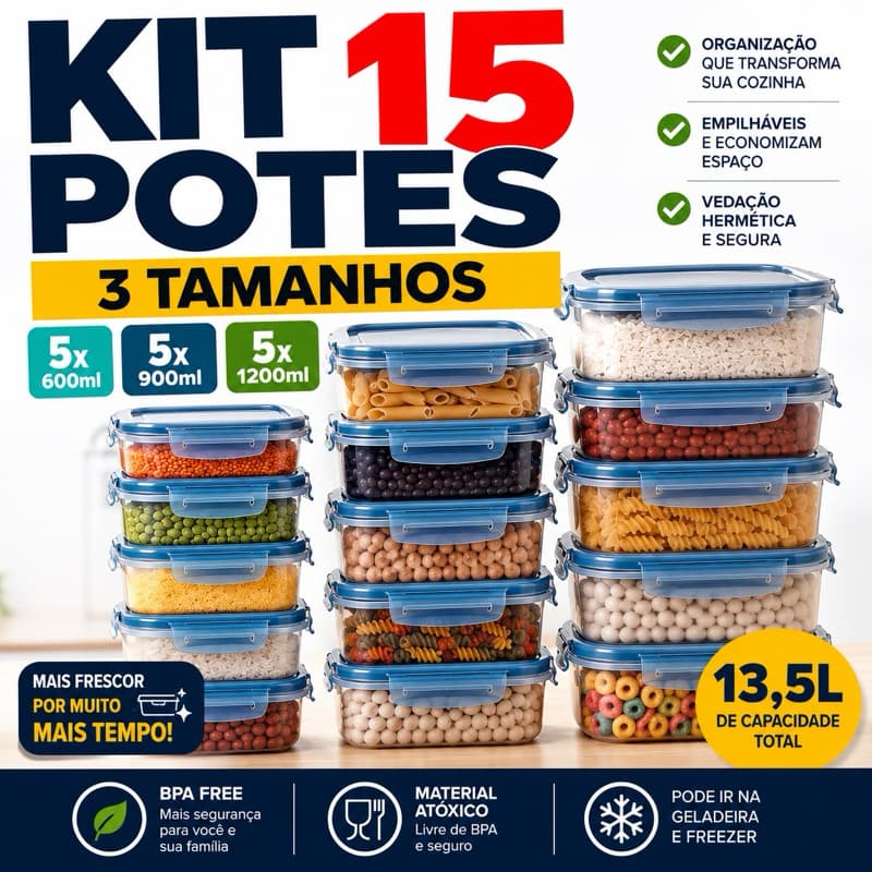 Kit 15 Potes Xplast 600ml 900ml 1200ml Organizador Cozinha Geladeira Despensa Mantimentos 13,5L
