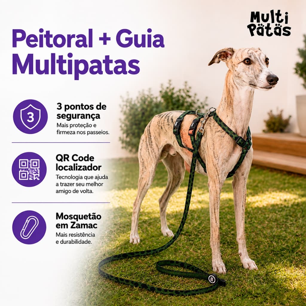 Peitoral Cachorro Com Guia Qr Code Localizador Multipatas Ajustável Ninja