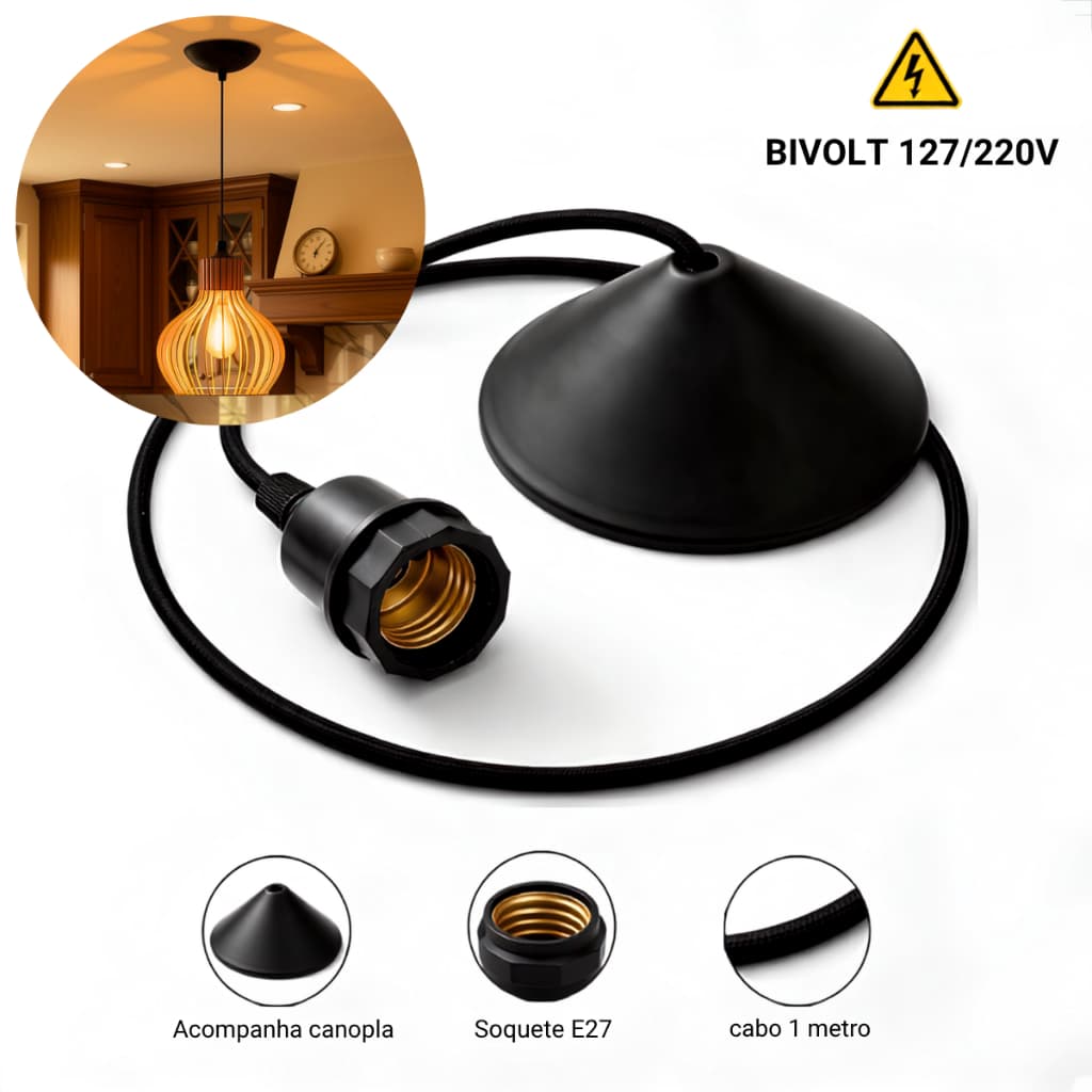 Cabo Rabicho para Lustre com Soquete E27 Bivolt com Canopla
