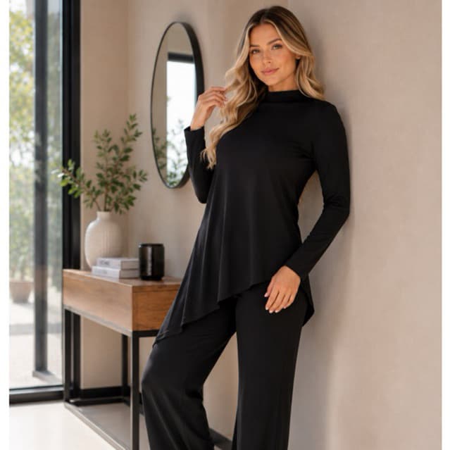 Conjunto Assimétrico Feminino Manga Longa Calça Flare Moda Casual Chic Tendência 2026