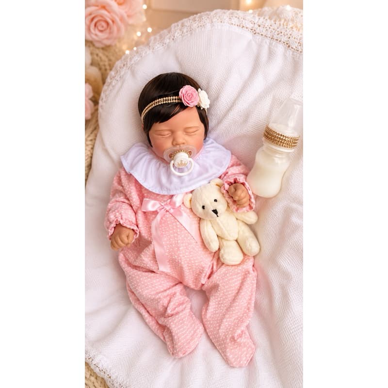 Bebê Reborn Menina Loulou 48cm Silicone Pode Dar Banho Realista Cabelo Implantado olhos fechados dormindo + Acessórios