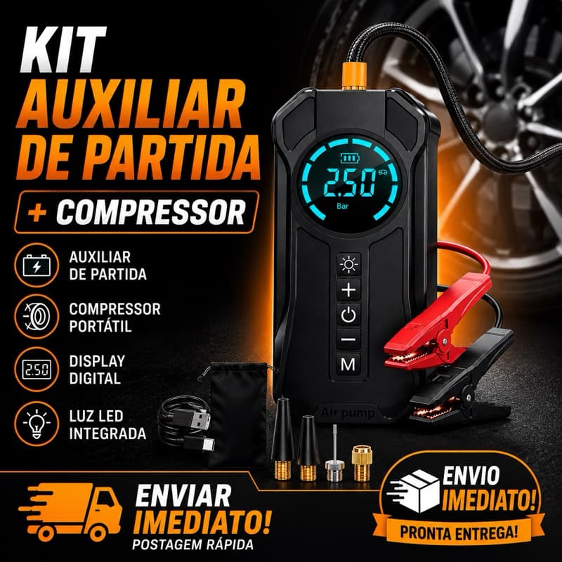 Compressor de Ar Portátil - Power Bank 8000mAh, Auxiliar de Partida, Calibrador de Pneus