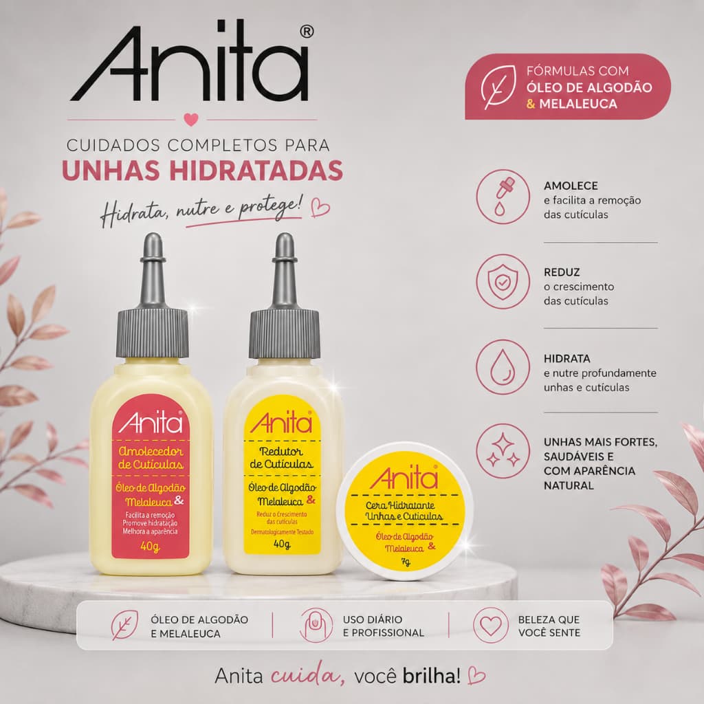 Anita Kit 3 Cuidados  Amolecedor Cutículas + Redutor + Cera Hidratante Oleo Algodão