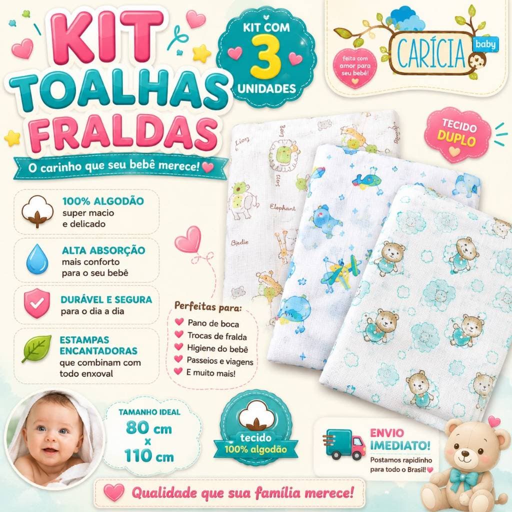 kit com 3 toalhas fralda de banho 80cm x 1,10 m para bebê econômico