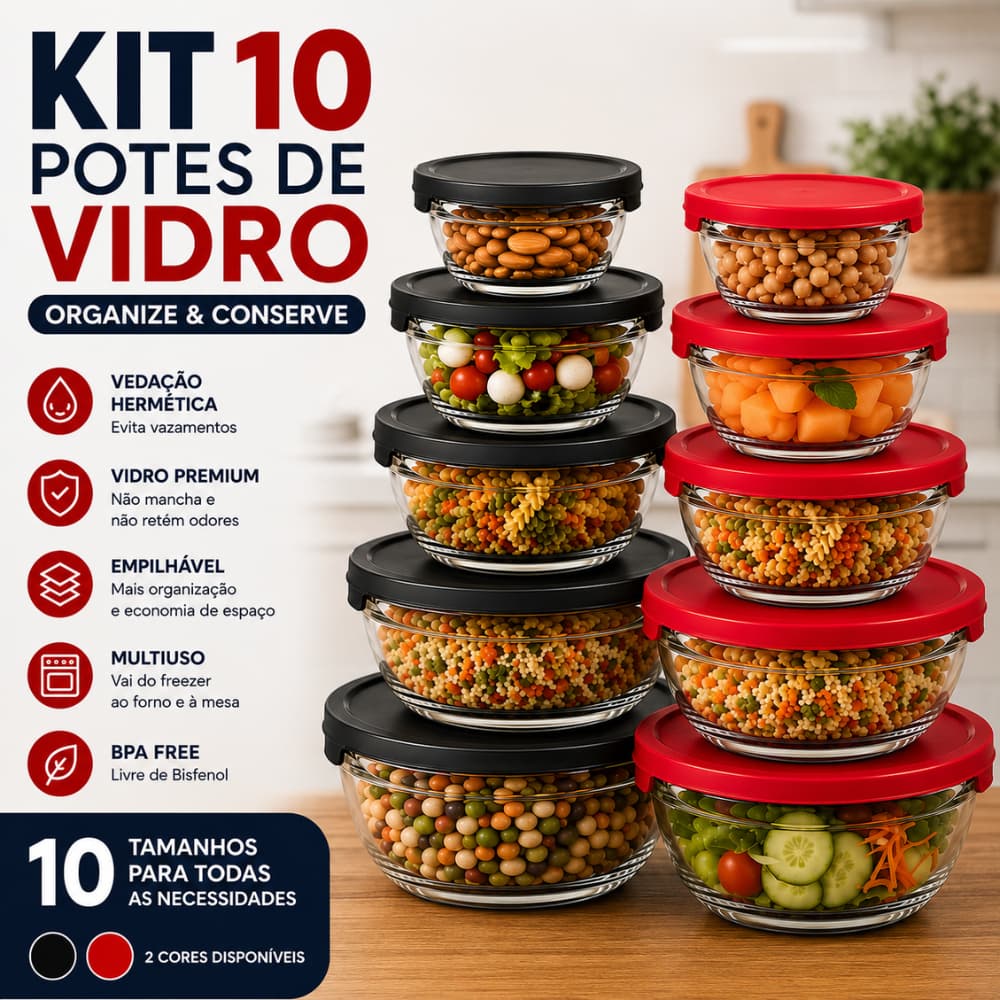 Kit 10 Potes de Vidro Tigela Bowl com Tampa Para Organização Alimentos Cozinha e Geladeira