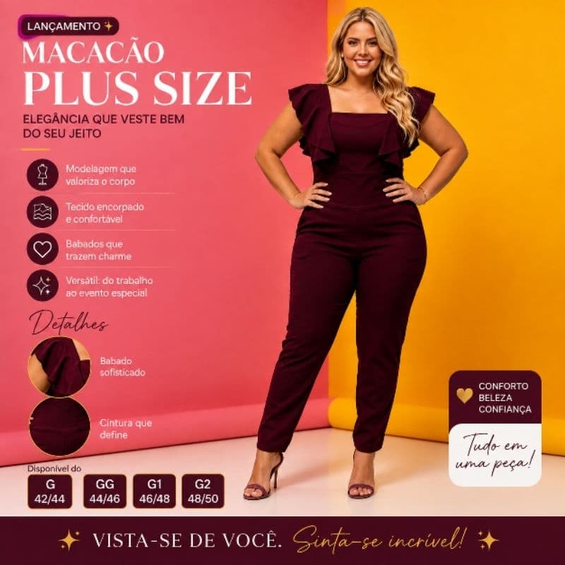 Macacão Plus Size Luxo Babado Ombro Pantalona look Elegante