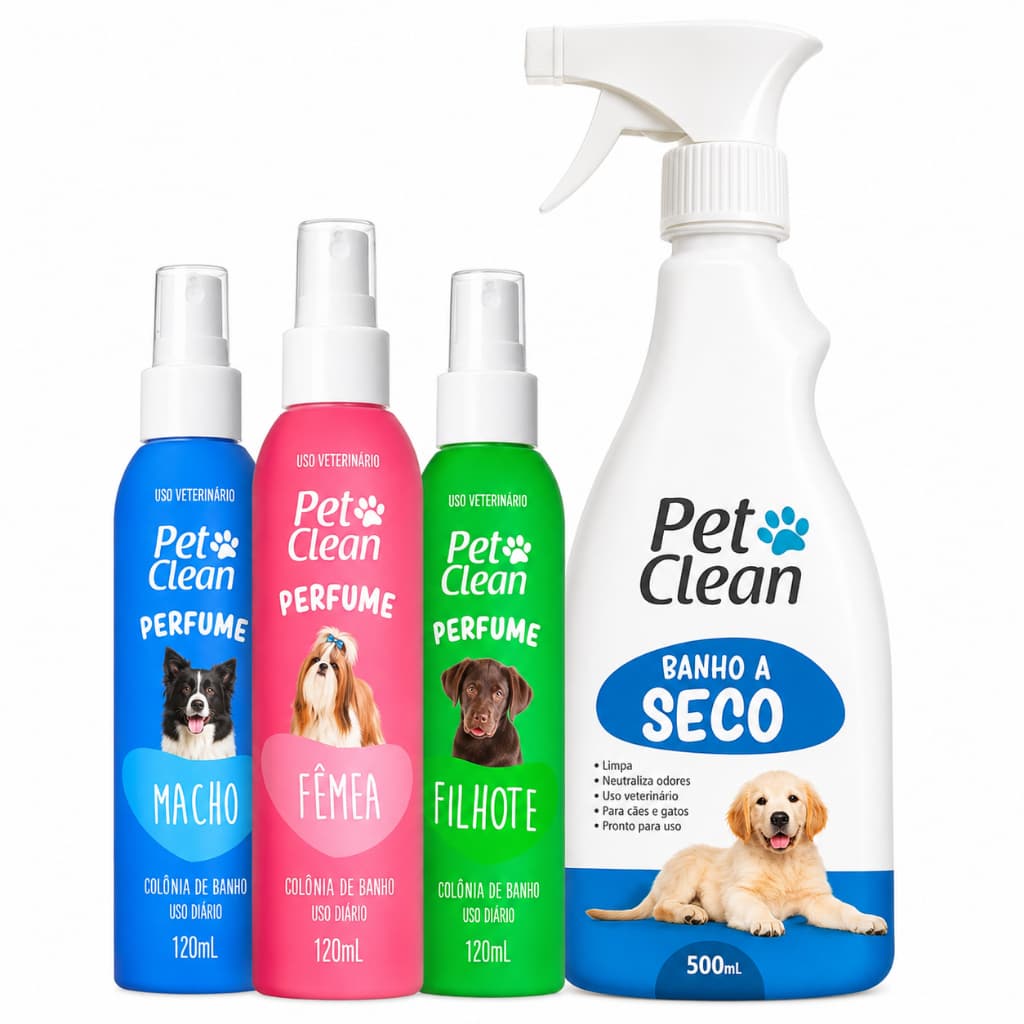 Kit Banho a Seco Pet Clean Spray 500 ml e Perfume Colônia Pet Shop 120 ml Perfume Cheiroso