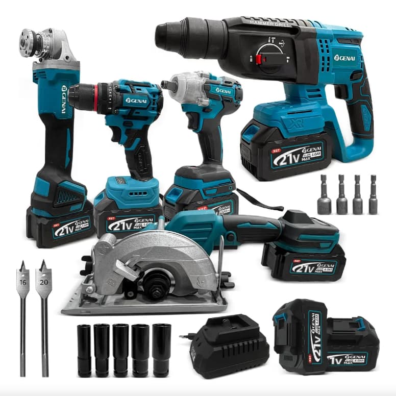 Kit de Ferramentas a Bateria 21V Sem Escovas 5 em 1 Furadeira Martelete Serra Esmerilhadeira Chave Maleta