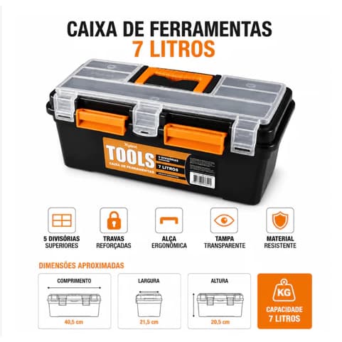 Caixa de Ferramentas 7L Maleta Organizadora Reforçada Portátil com 5 Divisórias para Ferramentas