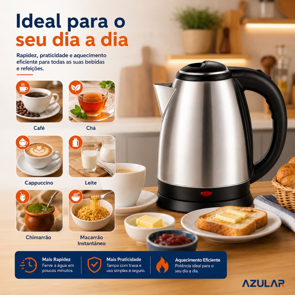 Chaleira Elétrica Inox 1,8 Litros 1500W 220V Aço Inox Rapida Tampa com Trava Base 360° Cafe Cha Chimarrao Cozinha