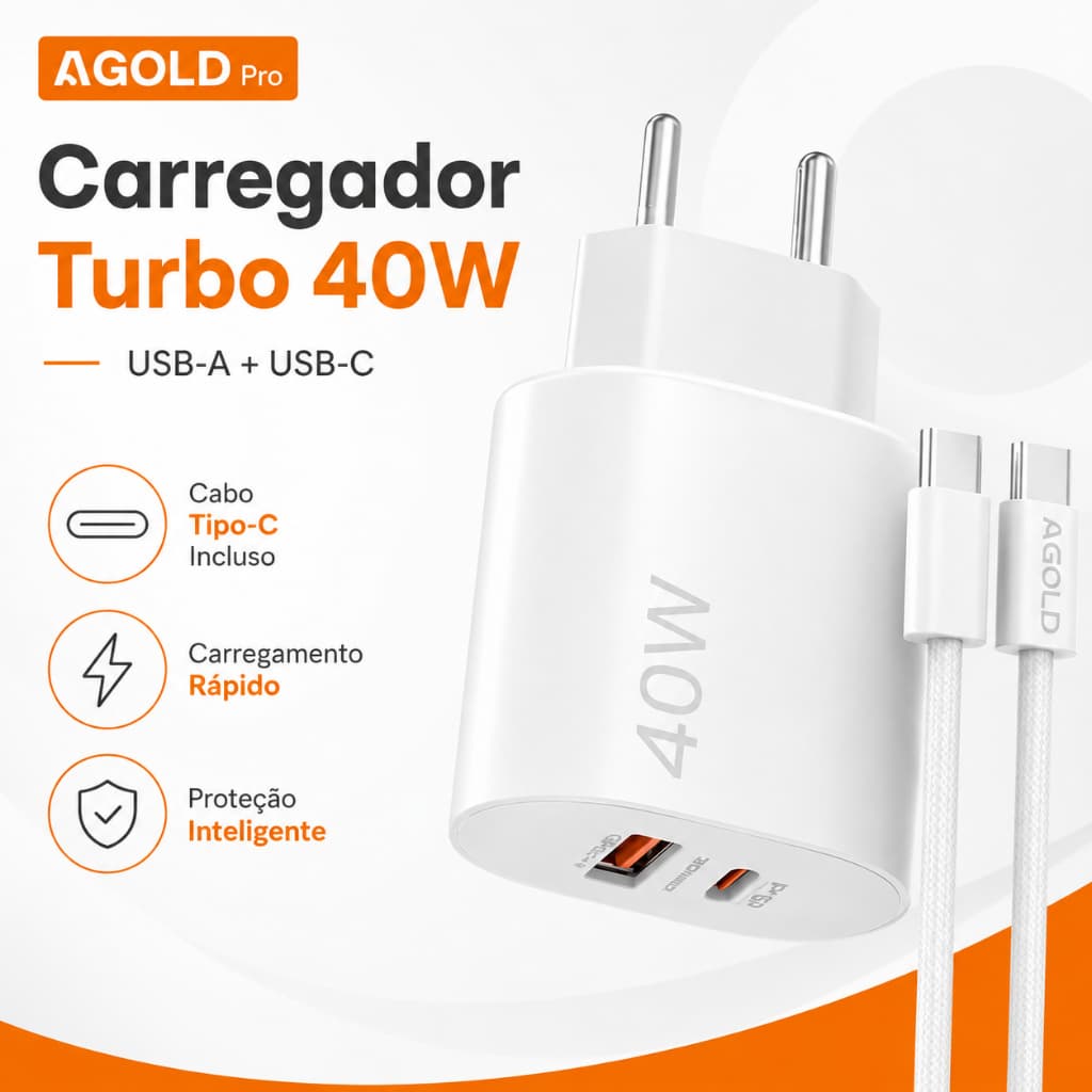 Carregador Turbo 40W com cabo Tipo C para Tipo C + Fonte  2 Entrada USB e USB C carregamento rápido Bivolt