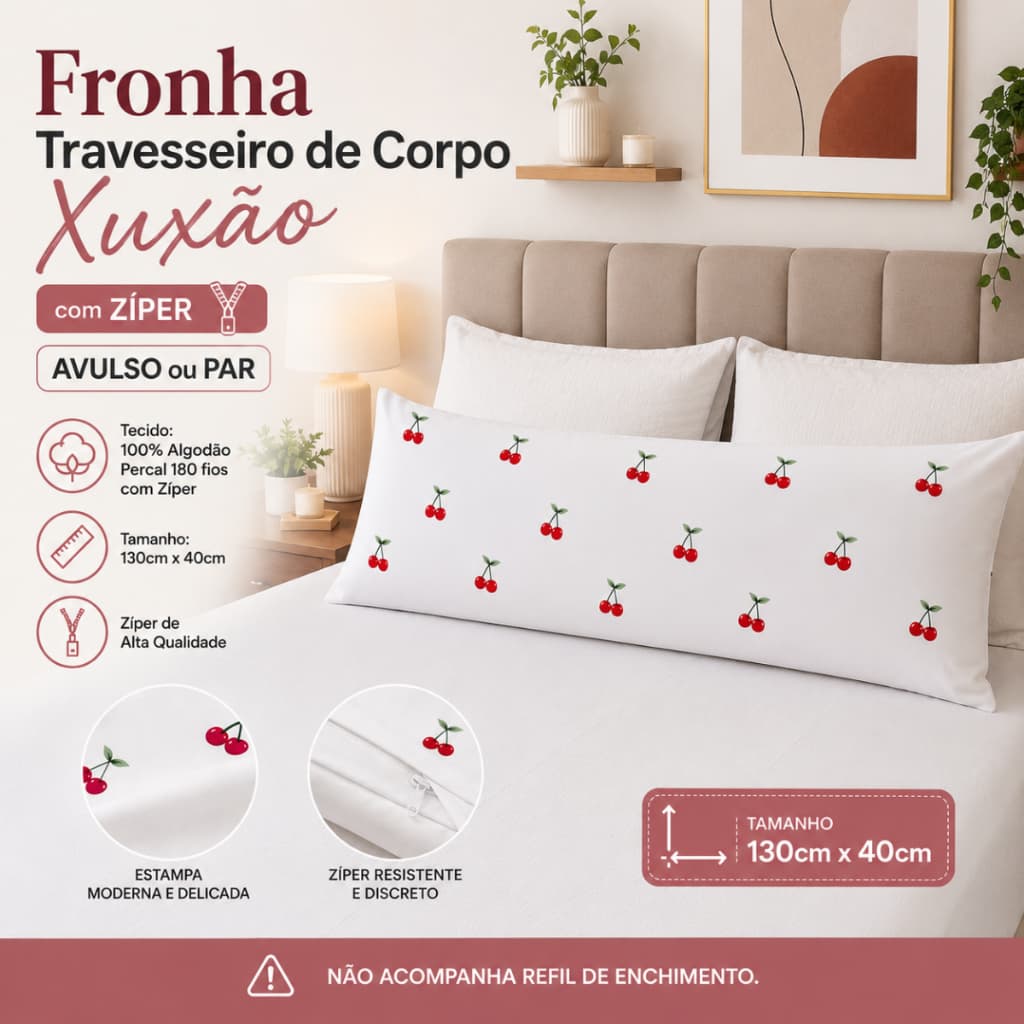Fronha Xuxão Algodão Estampado Avulso ou Par Capa Travesseiro de Corpo com Zíper Gestante 130x40