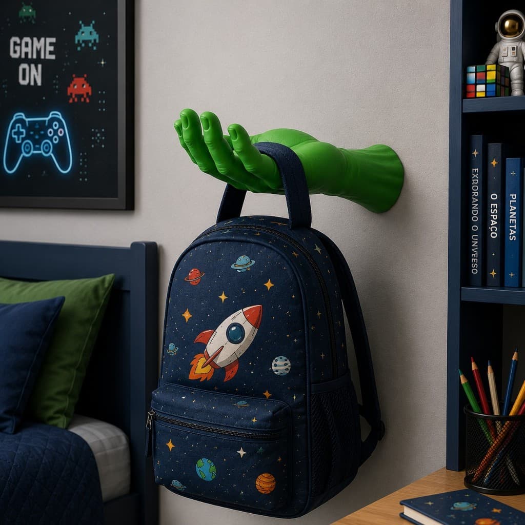 Porta-mochila Suporte de bolsa sacolas Cabide Cabideiro Gancho de parede infantil quarto menino verde super herói