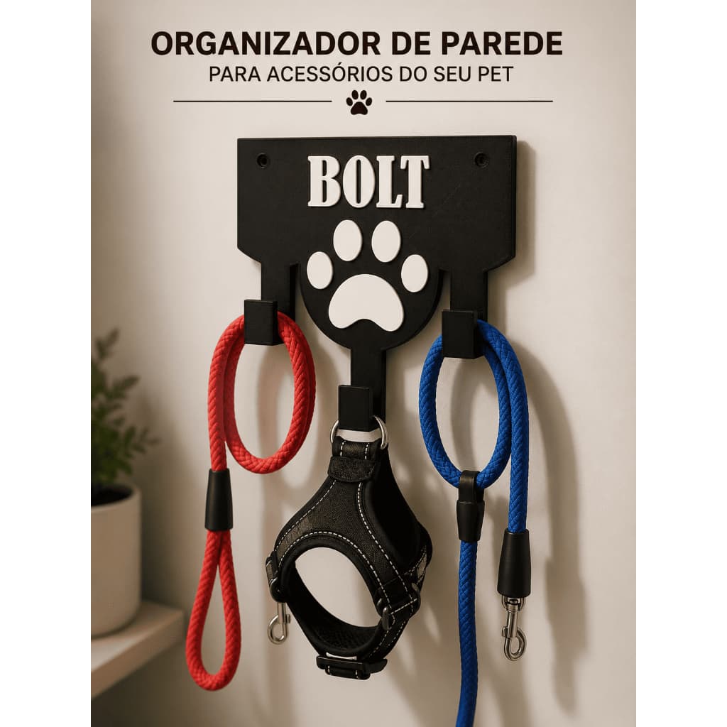 Organizador de Parede Personalizado para Pet com Nome – Porta Coleira, Guia e Peitoral com 3 Ganchos