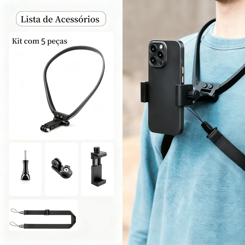 Novo Kit de 5 Peças! Suporte de Pescoço Esticável com Rotação de 360°, compatível com celular e câmera de ação