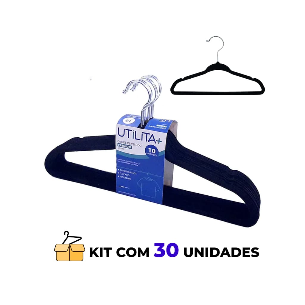Kit 30 cabides antiderrapantes slim de veludo preto reforçado