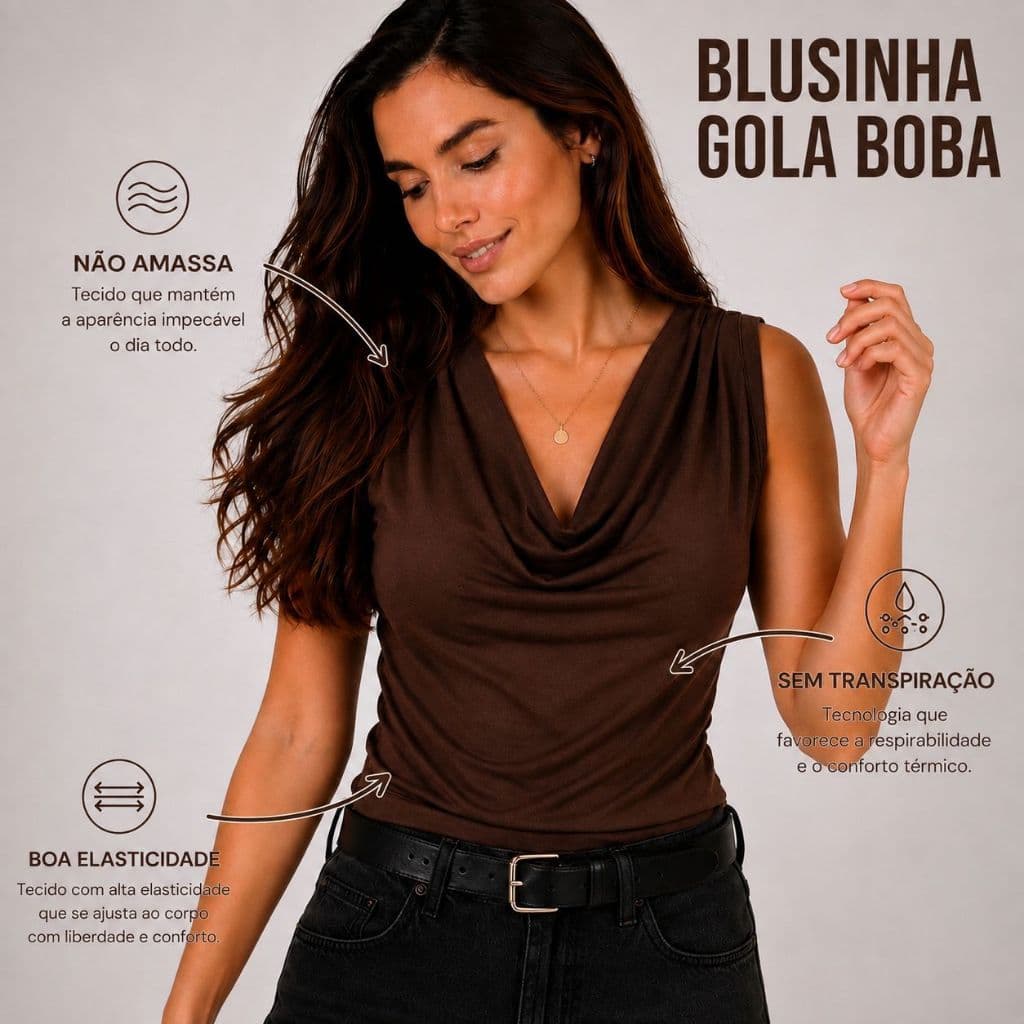 Gola Boba Glam Suplex Ecofit Soft Elegante Blusinha Feminina Casual Tendência TShirt Sem Manga