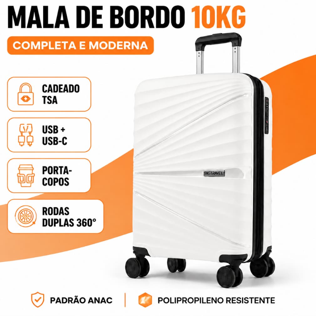 Mala de Bordo Branca 10kg Padrão ANAC Cadeado TSA USB-C Porta-Copos Rodas Duplas 360°