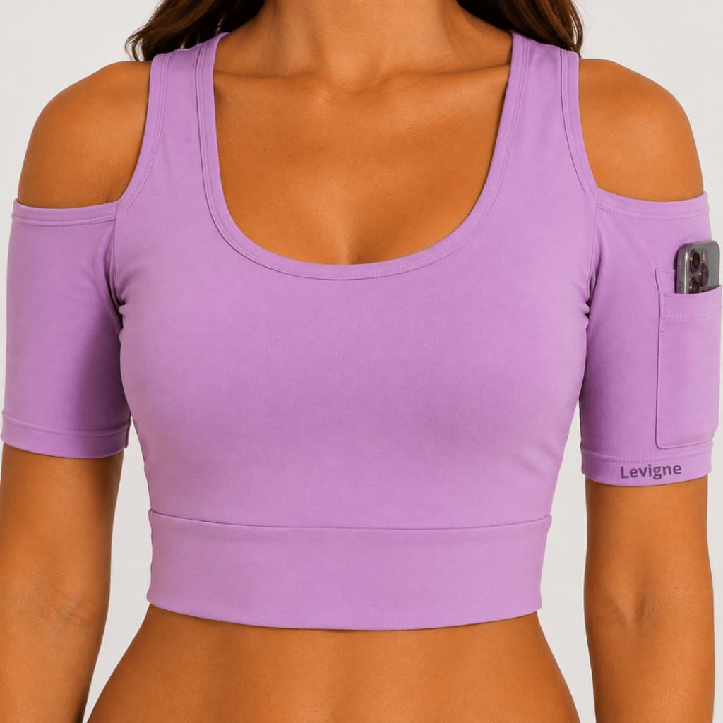 TOP FEMININO COM BOLSO NA MANGA FITNESS CORRIDA