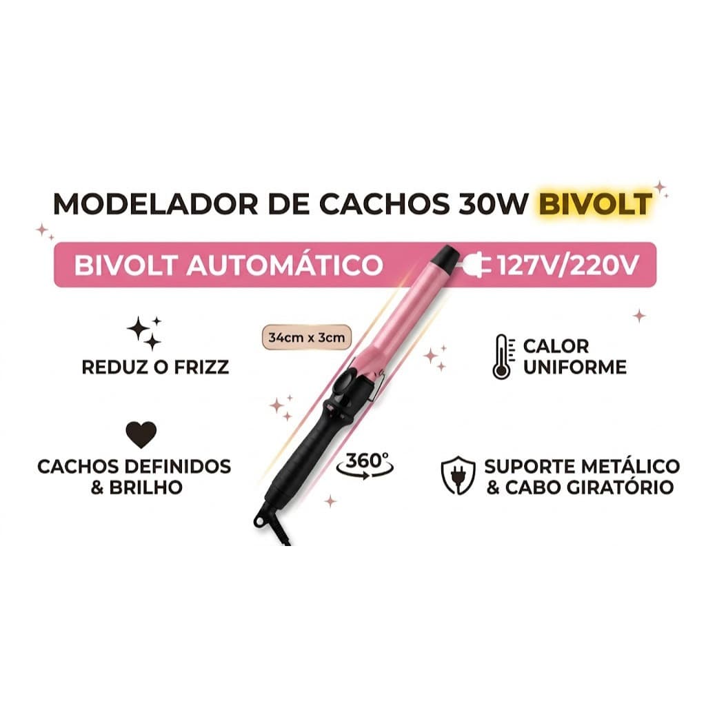 Modelador de Cachos 30W Bivolt – Cachos Definidos, Brilho e Praticidade em Qualquer Lugar 💖