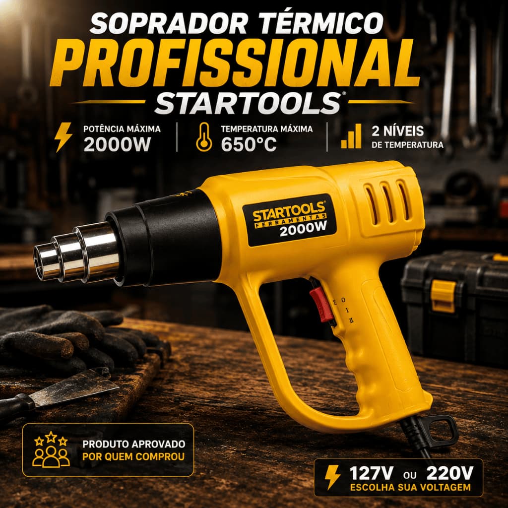Soprador Térmico Profissional 2000W 650°C 2 Estágios Envelopamento Remove Tinta Bico Removível 127V/220V