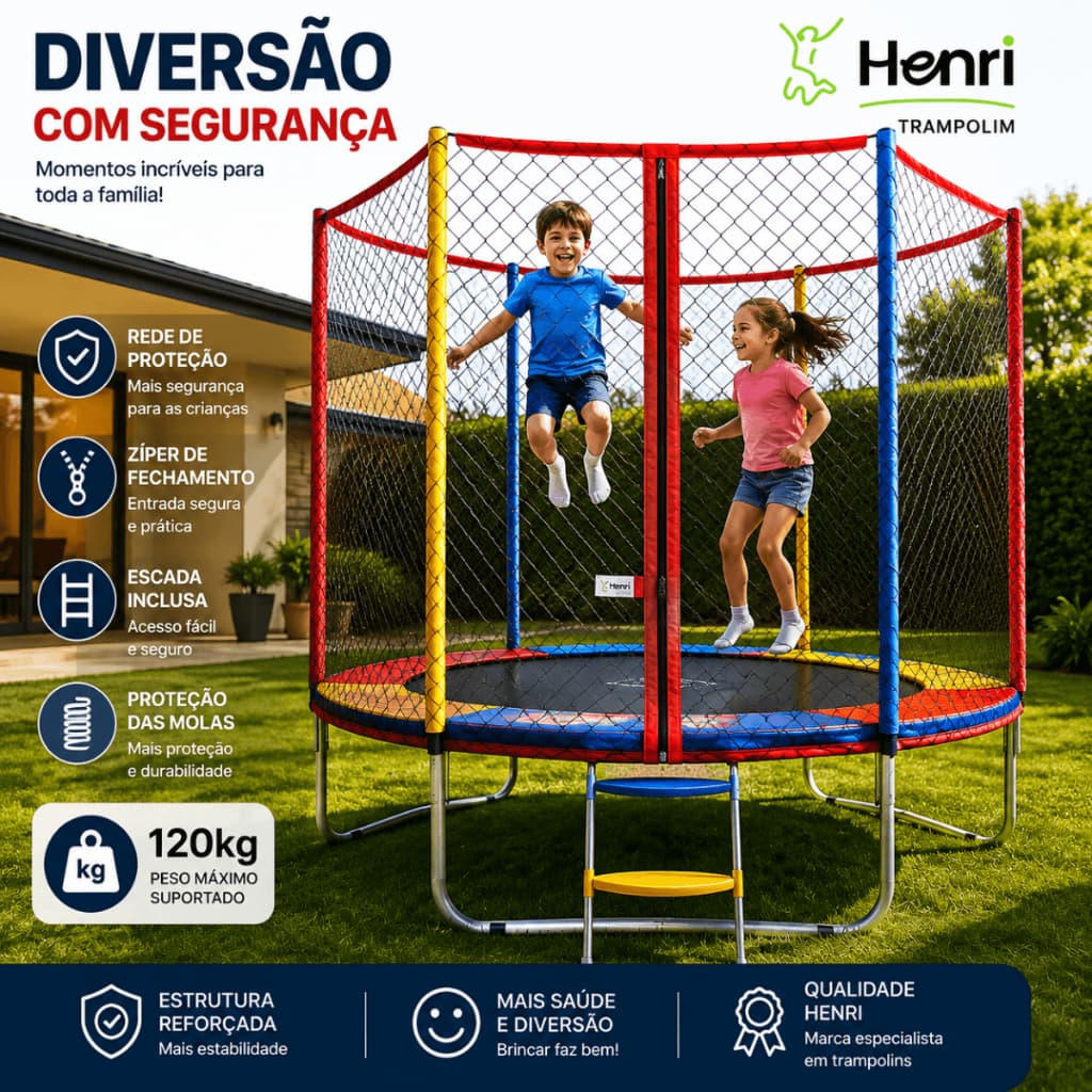 Cama Elástica Pula Pula 1,83m Henri Trampolim Evolution Infantil Completa Rede Proteção Zíper Escada