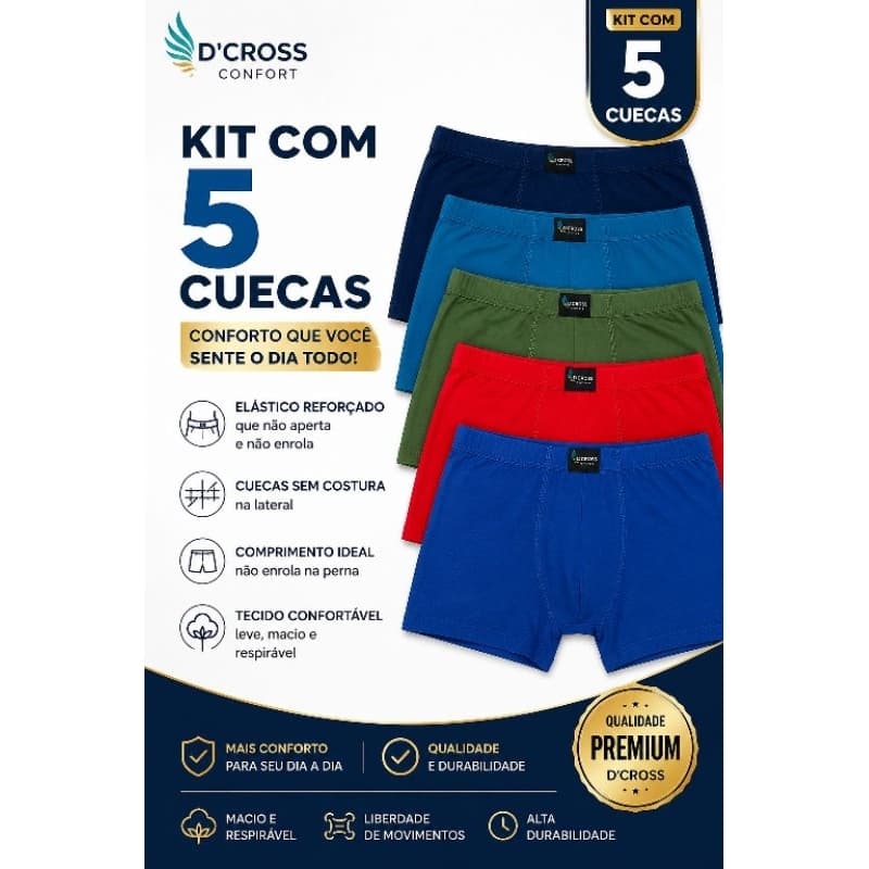 kit 5 cuecas boxer masculina, cueca boxer microfibra, cores diversas, cueca masculina confortável.
