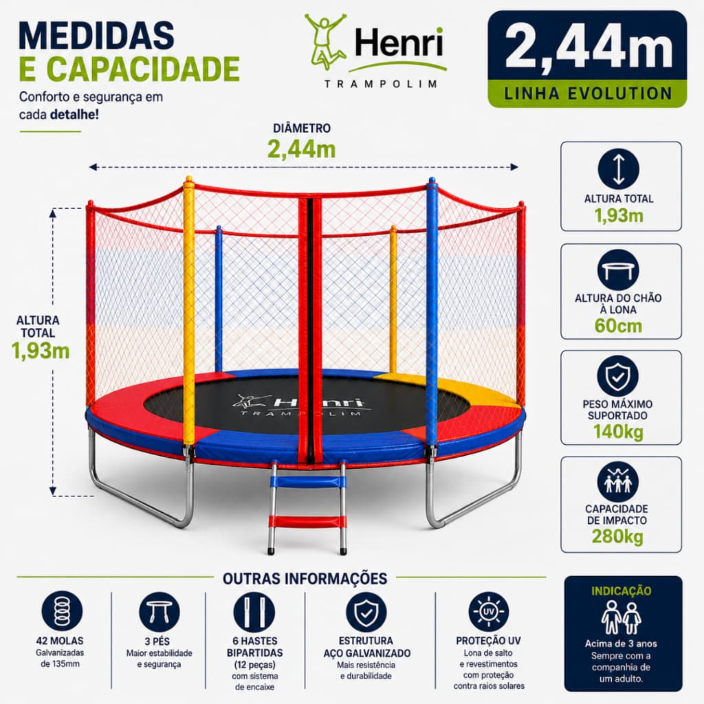 Cama Elástica Pula Pula 2,44m Henri Trampolim Evolution Infantil Completa Rede Zíper Escada 140kg