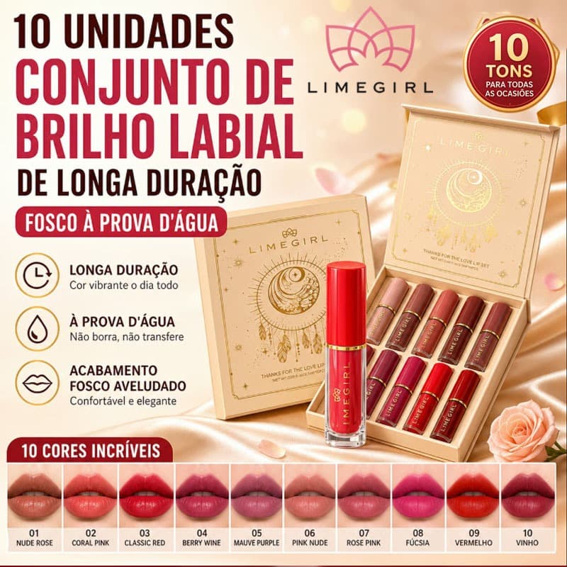 【LIMEGIRL】10 Unidades Conjunto De Brilho Labial De Longa Duração Fosco À Prova D'água