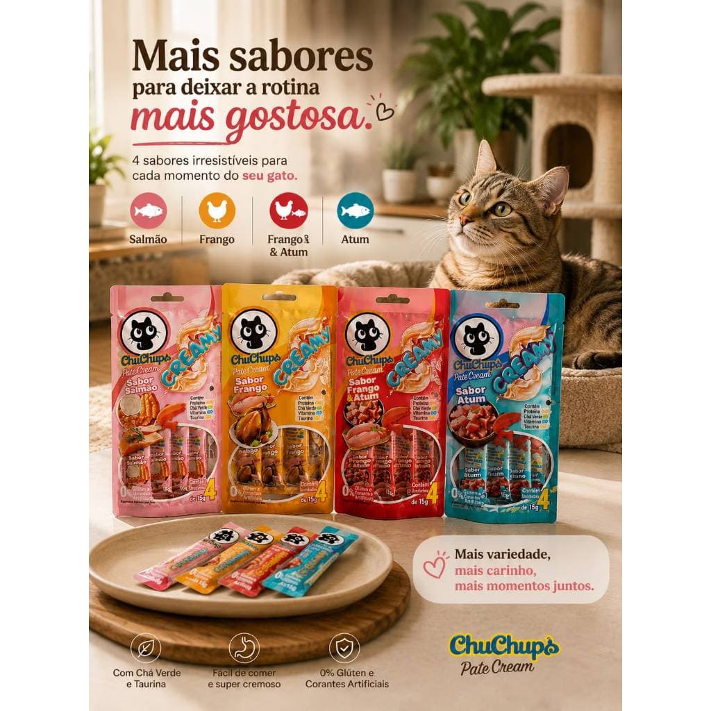 Petisco Para Gatos ChuChups Cream Diversos Sabores Gatos Sachês 15g