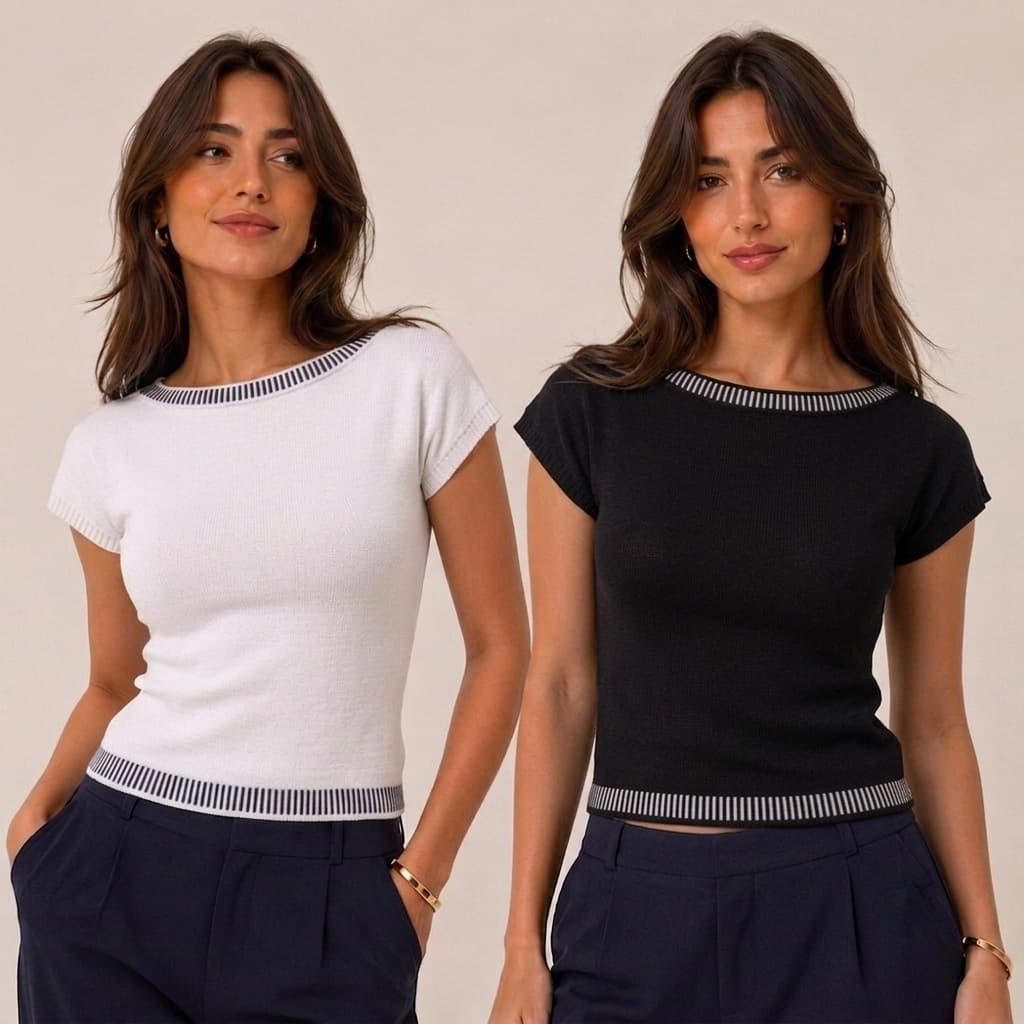 Kit Duas Blusas Femininas Meia Malha Gola Canoa Listrada Moda Lançamento