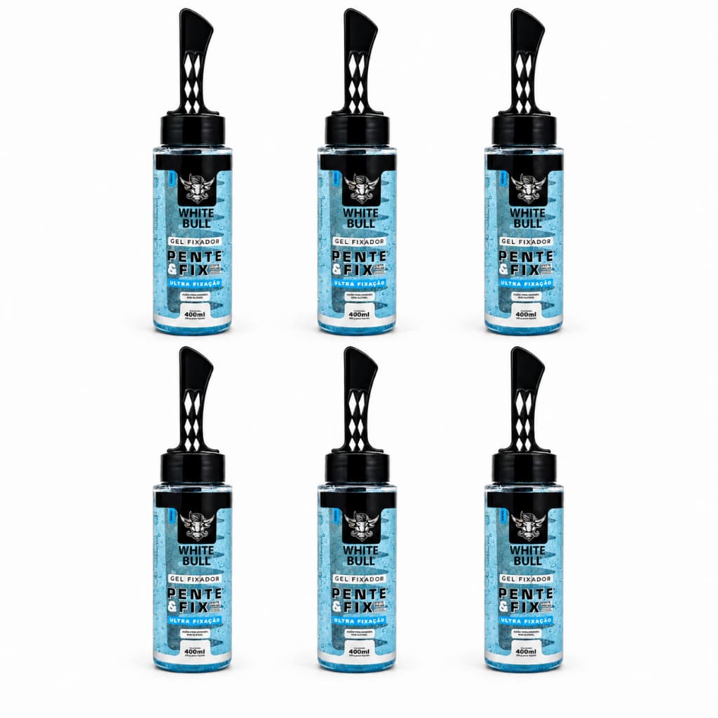 Kit c/ 6 Gel Modelador Masculino White Bull 400ml – Pente Embutido, Brilho e Fixação Forte - Azul