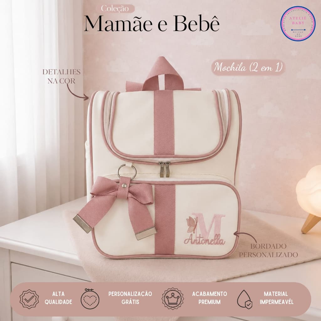 Mochila Maternidade 2 em 1 Personalizada, Térmica e Impermeável