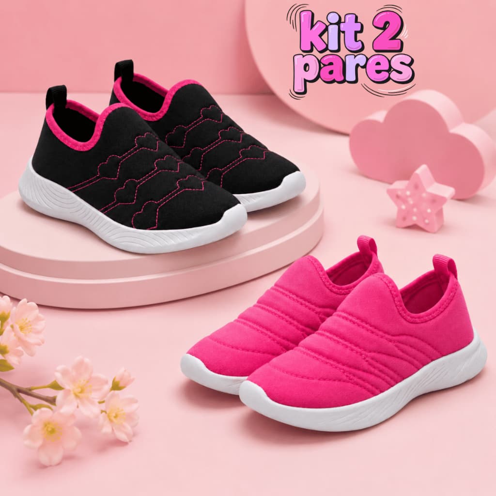 Kit 2 Pares Tênis Infantil Menina Calce Fácil Feminino Casual Macio e Confortável