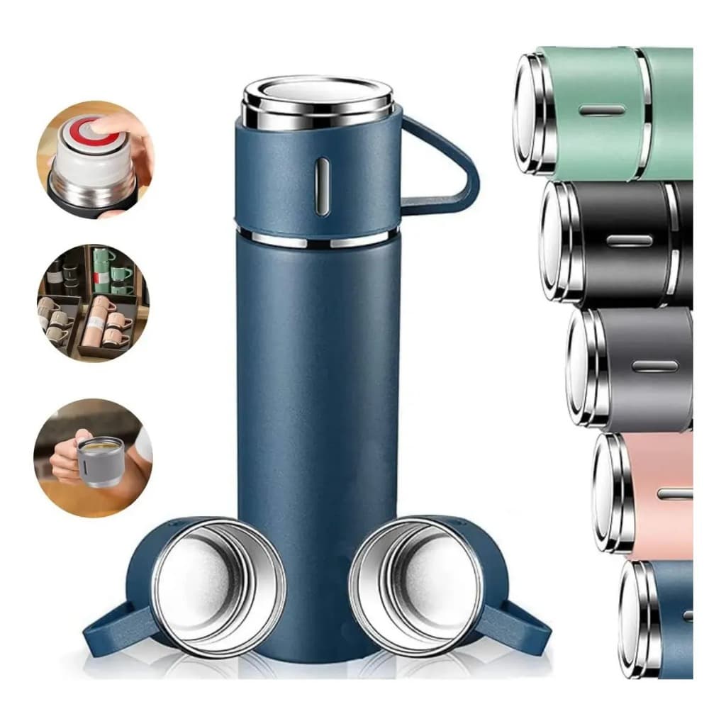 Kit Garrafa Térmica Inox + 2 Xicaras Squeeze Conserva Bebida Gelada & Quente Café Bebidas Academia Camping Escritório