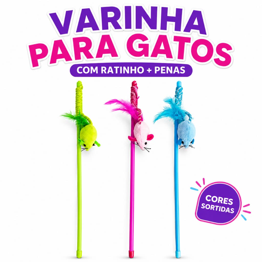 Varinha para Gatos com Ratinho e Penas Brinquedo Interativo Catnip Cores Sortidas