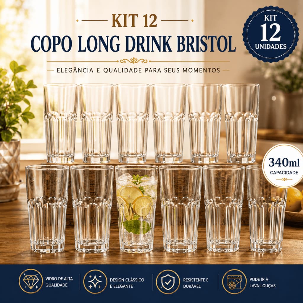 🥂 Kit 12 Copos Long Drink Bristol 340ml Vidro Resistente Para Drinks Sucos Água Bar