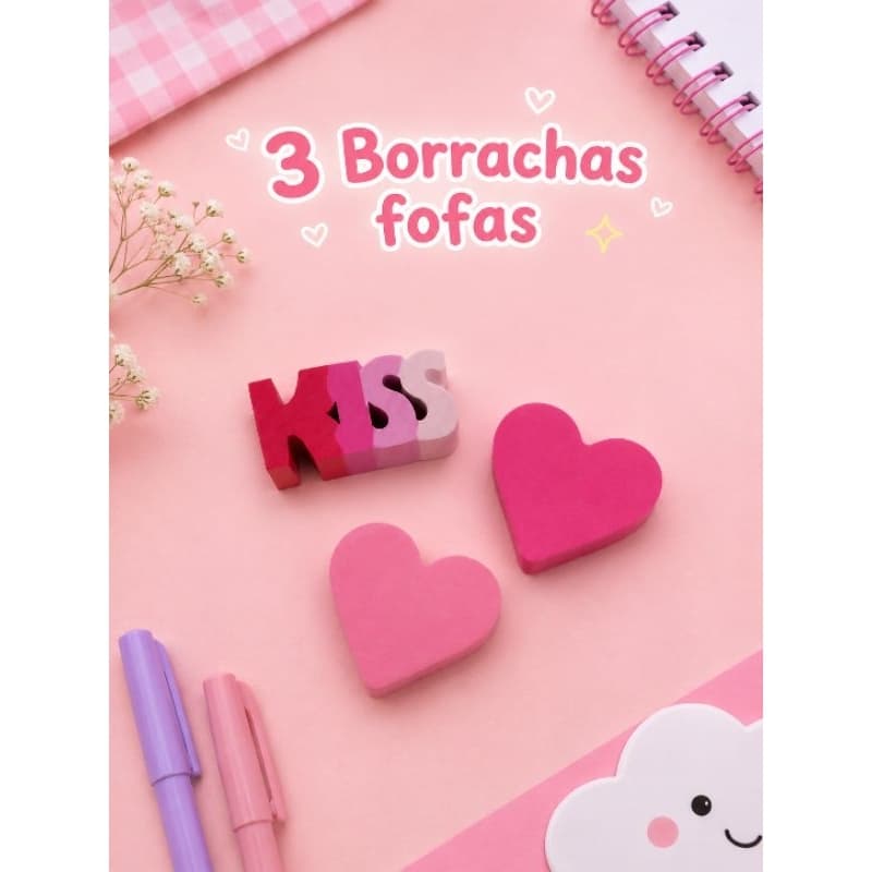 Kit 3 Borrachas kiss Coração Fofas BRW